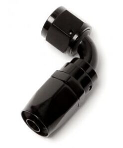 An connector with 90° angle - H9006BK Black AN connector with 90 degree angle for steel braided rubber hose.
